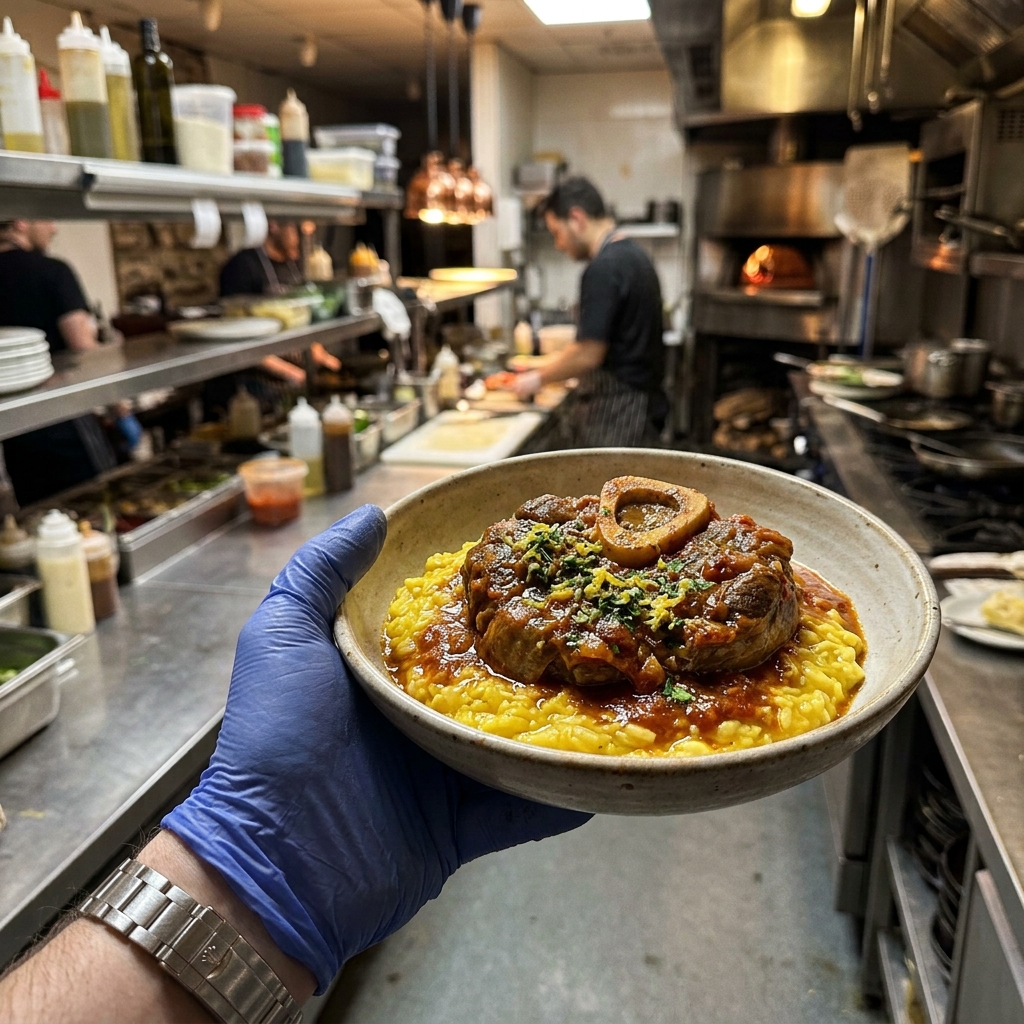 Fotografía de un plato enviada por un restaurante: ossobuco sobre risotto, sostenido con guante en la cocina
